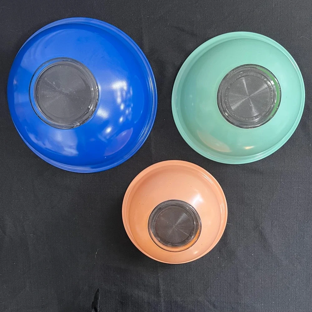 Vintage Pyrex Primary Colors Nesting Mixing Bowl Set 3 Blue Green Peach 400
